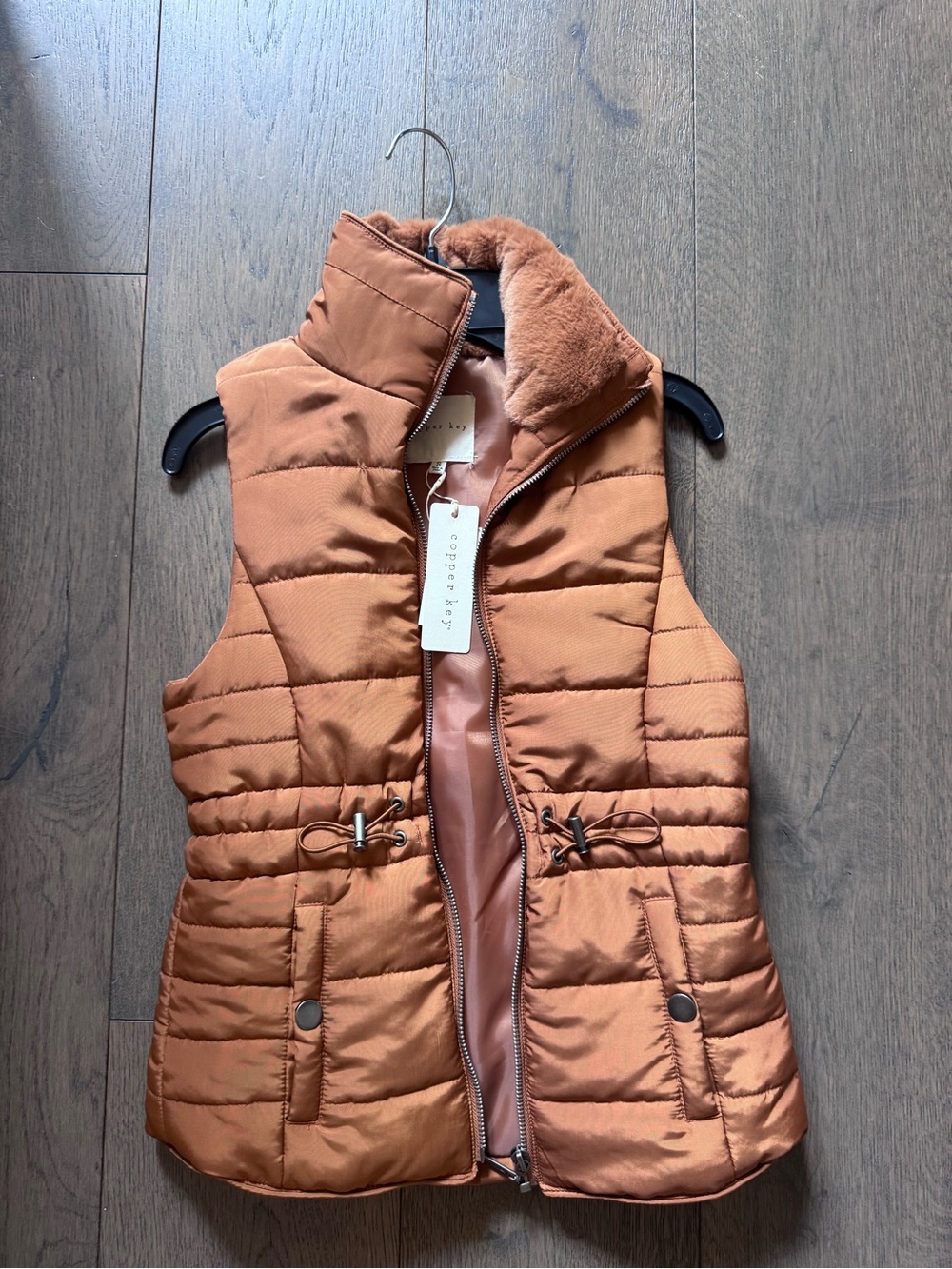 Copper Key Copper-Tone Quilted Puffer Vest with Faux-Fur Trim
